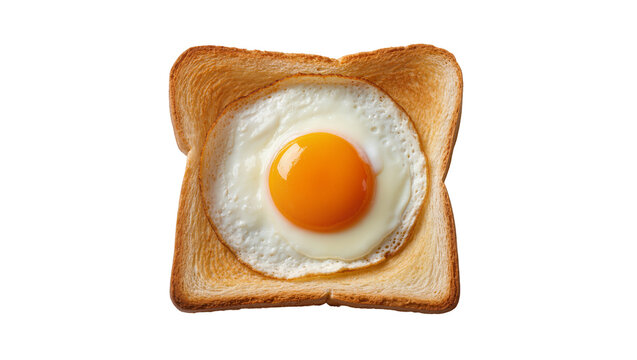Golden brown toasted bread with fried egg in the center, isolated on transparent background