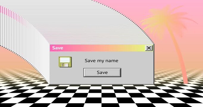 Glitching vaporwave scene with retro dialog box window with icon and palm tree on checkerboard floor