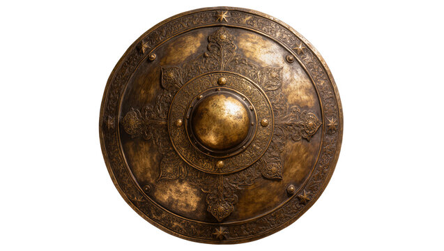 Antique bronze shield with embossed circular patterns, isolated on transparent background
