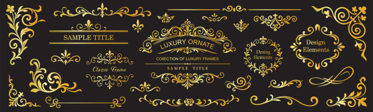 Elegant gold vintage ornaments and decorative flourishes isolated on black background. Luxury baroque design elements for logos, invitations, labels, certificates and royal branding.