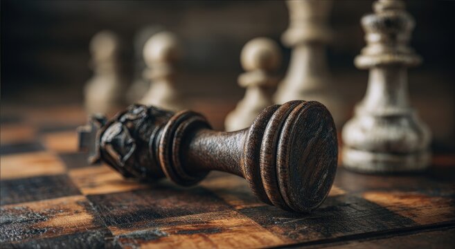 Fallen king on aged board, a stark loss in a game of strategy