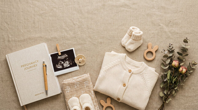 Pregnancy journey flat lay with baby items