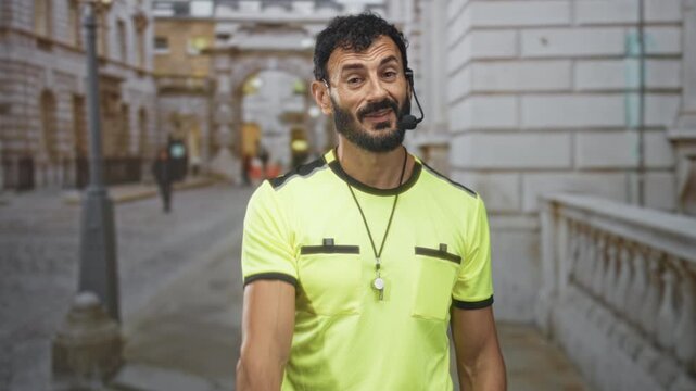 Man referee in neon yellow uniform beckons with open hand and whistle on a historic street promenade; authority.