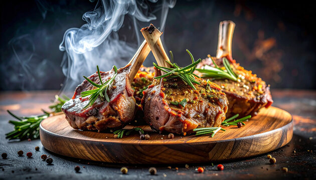 Lamb chops with rosemary crust and cinematic smoke in refined fine dining presentation