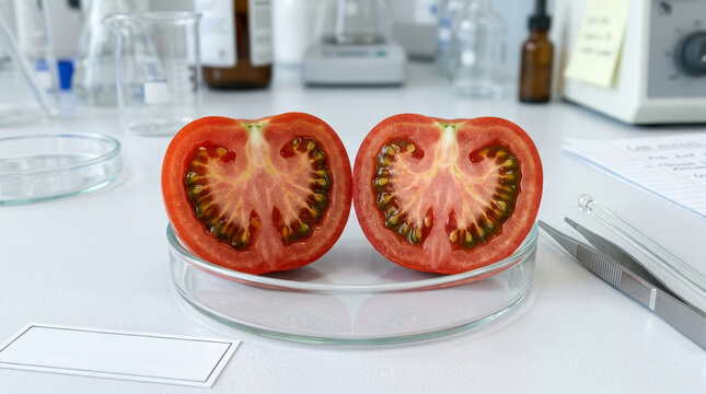 A sliced tomato sits on a petri dish in a laboratory setting, surrounded by scientific equipment, highlighting its seeds and structure.