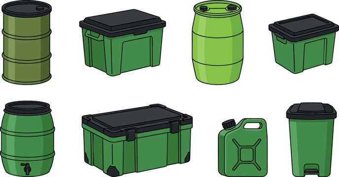 Green plastic storage containers vector set collection featuring industrial barrels cargo crates water butt jerrycan and trash bin isolated on white background