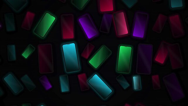glowing neon smartphone screens abstract technology background with colorful mobile devices, futuristic colorful phone pattern with vibrant neon glow digital tech backdrop 4k