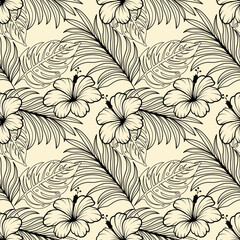 Outline Aloha hibiscus flower Hawaiian tropical seamless pattern. nature floral abstract back ground. © tubtim