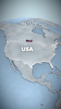 Vertical 3D animation of the United States map highlighting national borders with a US flag and 3D text. Ideal for broadcast graphics, corporate presentations, and geopolitical documentary segments.
