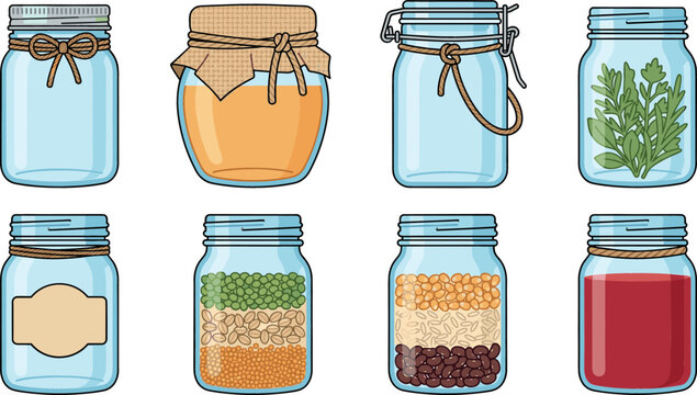 Glass mason jar vector set collection featuring empty jars with twine and rustic covers next to jars filled with honey herbs beans lentils and sauce