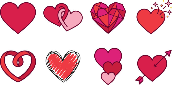 Red and pink hearts vector set collection featuring geometric low poly scribble ribbon and arrow designs for Valentines Day romance isolated on white background