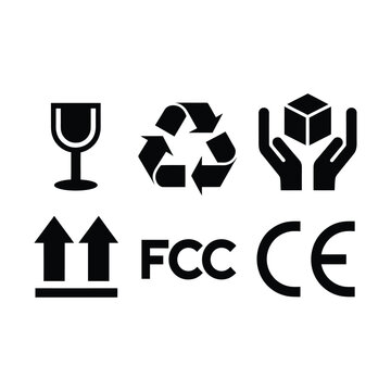 Set of black flat symbols, icons for packaging, shipping, delivery, product safety and regulations, vector illustration.
