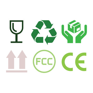 Colorful set of flat symbols, icons for packaging, shipping, delivery, product safety and regulations, vector illustration.