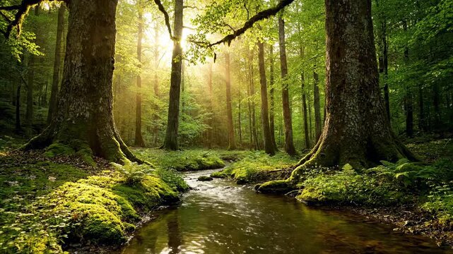 A sunlit stream meanders through a dense forest, dappled light and moss