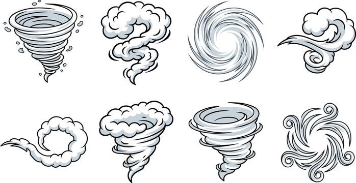 Tornado and wind effect vector set collection featuring cartoon comic book style twisters hurricanes smoke dust swirls and storm vortexes isolated on white background