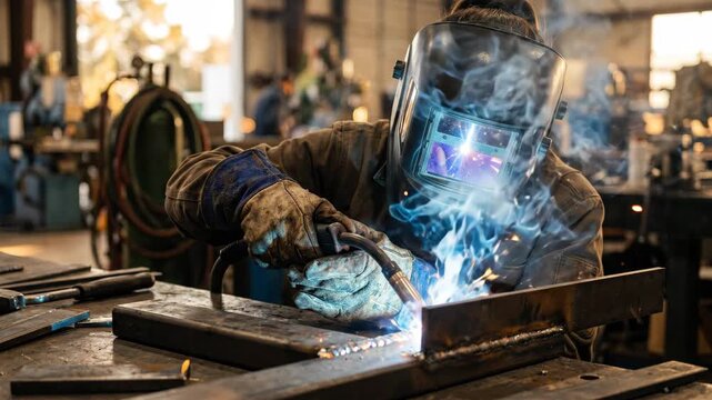 Tracking handheld slow motion of welder sparking with torch while joining steel pieces in industrial metal workshop daytime