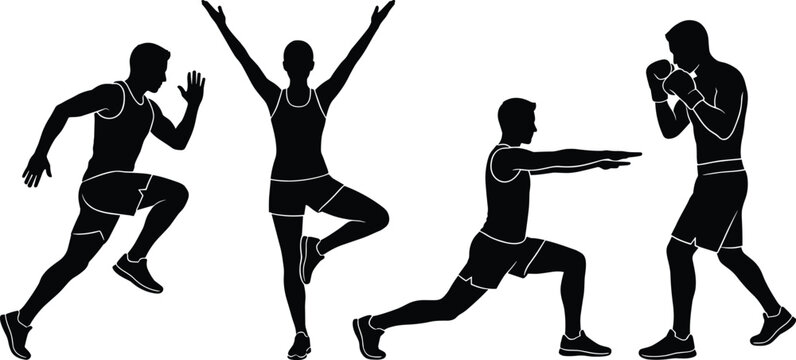Silhouetted dancers performing ballet arabesque and pirouette poses in black de