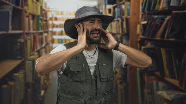 Fisherman man with beard and wide brim hat wearing green fishing vest covers ears with hands amid crowded bookstacks in library; distress.