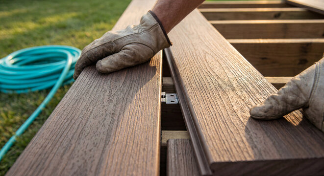 Worker installing composite decking board on a new deck