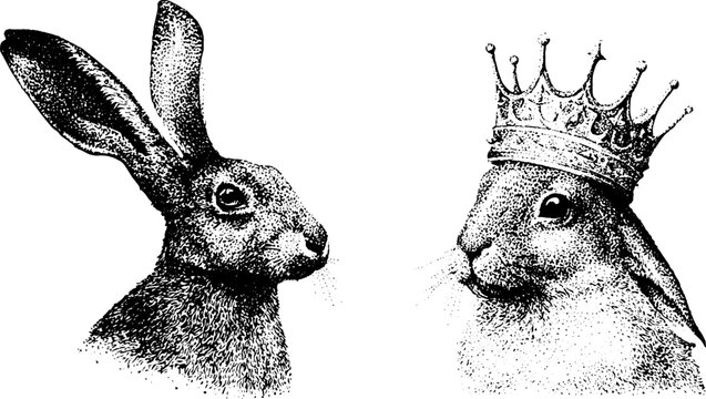 Hare facing crowned hare in paired engraved portrait composition