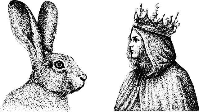 Hare and crowned hooded figure facing each other on plain background
