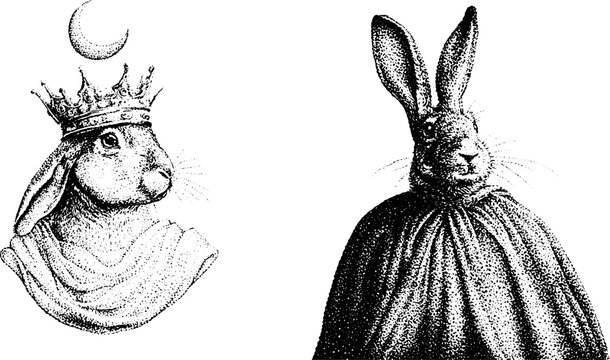 Two hare portraits, one crowned with crescent, side by side