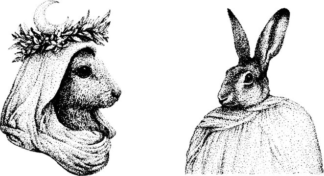 Two hare portraits, one veiled with wreath, side by side panel