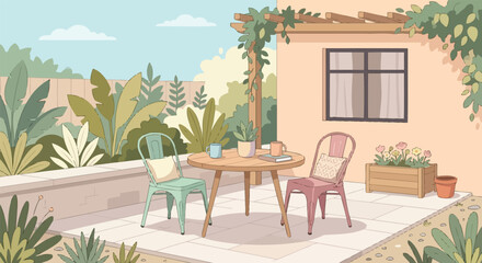 Fototapeta premium Cozy patio scene featuring a wooden table with chairs set in a lush green backyard garden