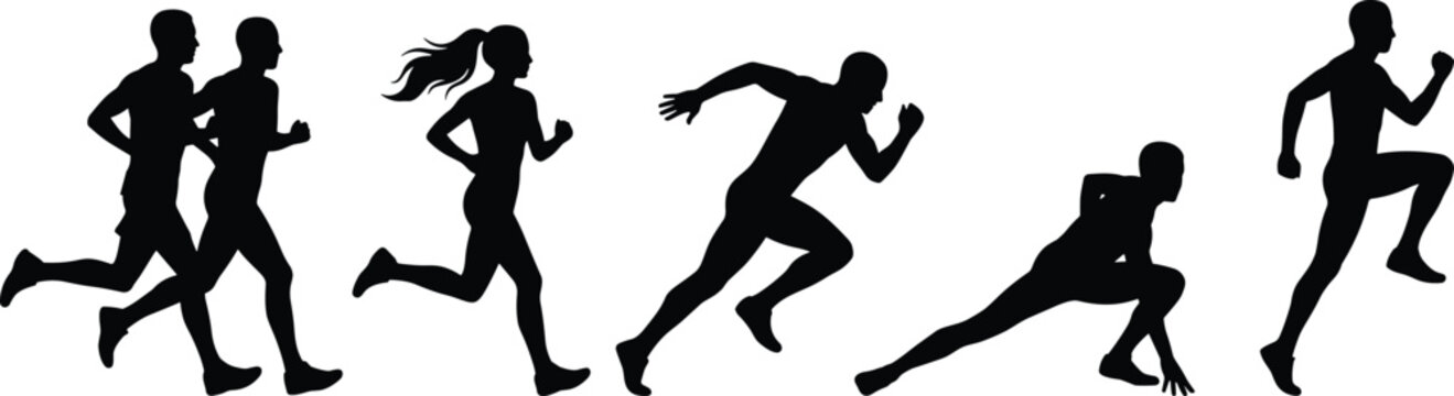 Silhouetted figures running on a white background silhouettes people exercise fitness