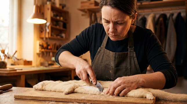 Woman furrier crafting animal pelt in workshop