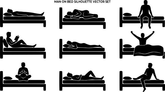 Set of man on bed silhouette vector
