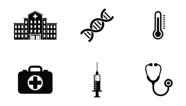 Medical and healthcare icon set with hospital, DNA, thermometer, syringe and stethoscope symbols isolated on white background