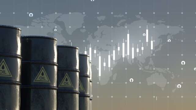 Financial oil market concept with barrels, stock candles and global map backdrop. Ideal for energy crisis, inflation and commodity trading media. Part of collection. 3d Animation, Ultra HD 3840x2160