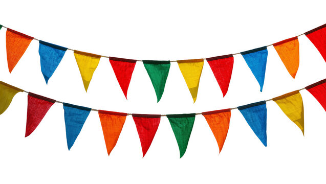 Colorful fabric triangle bunting flags strung on cords, isolated on transparent background
