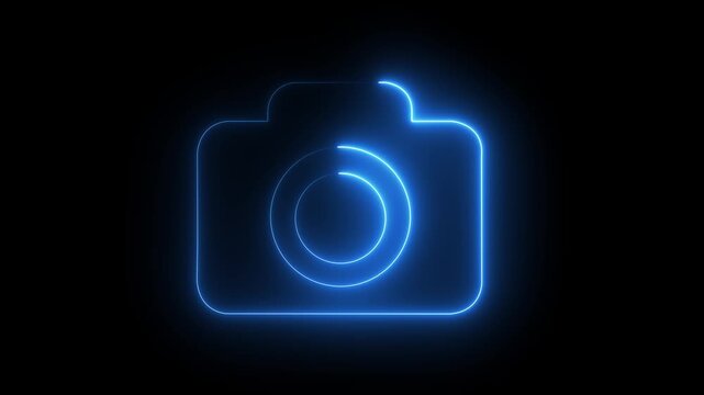 glowing neon camera icon isolated , recording, and film themes. Social media video camera icon for app. camera frame pictogram photograph animated