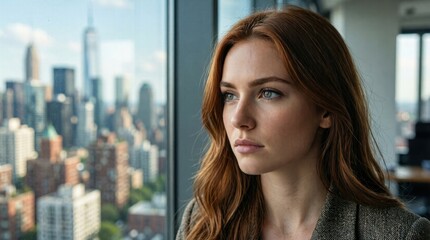 Fototapeta premium Young woman looking out city window from office interior at dusk