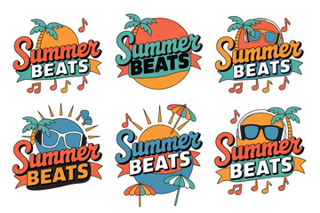 Naklejka premium Summer Beats Music Festival Badge Set Featuring Sun Palm Trees Audio Elements Tropical Party Event Branding Vector Collection