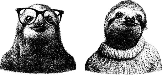 Fototapeta premium Two sloth portraits wearing sweaters and glasses on white background