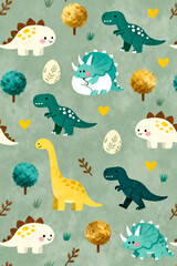 Obraz premium Watercolor baby dinosaur seamless pattern design