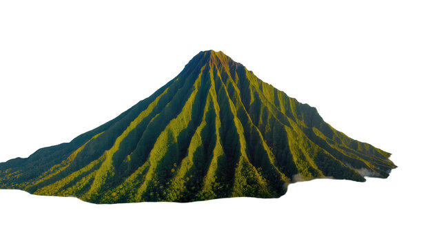 Lush green volcanic mountain peak with deep ravines, isolated on transparent background