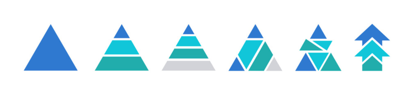 Minimal geometric triangle logo collection with blue turquoise gradients abstract mountain inspired shapes modern flat icon set and clean creative vector illustration