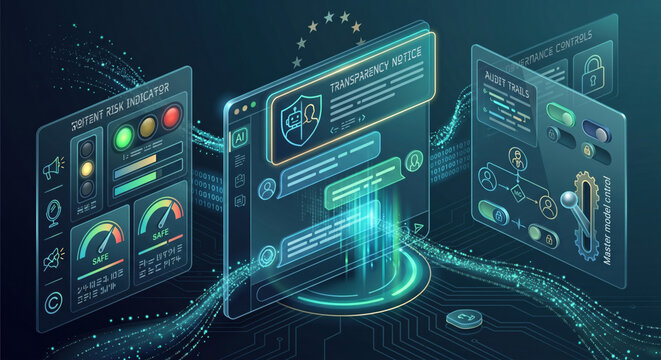 Futuristic compliance dashboard for AI systems, showing risk indicators, audit panels and governance controls under European AI Act regulation.