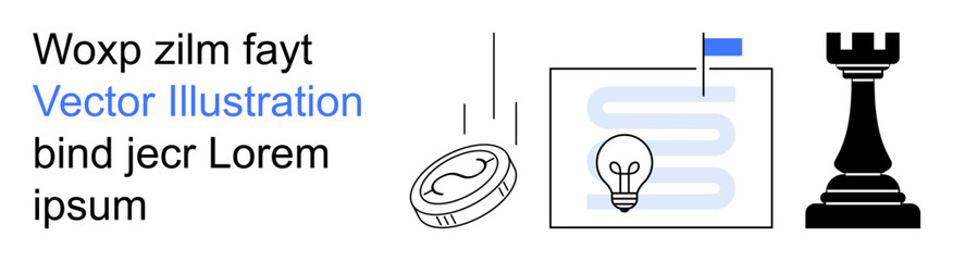 Creative ideas, abstract concepts, innovation, decision-making, planning, finance. Chess rook, coin lightbulb text and a document with a blue flag. Innovation and decision-making © robu_s