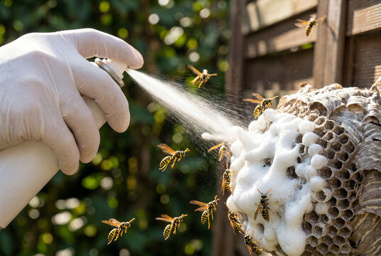 Pest control technician spraying insecticide foam on active wasp nest outdoors