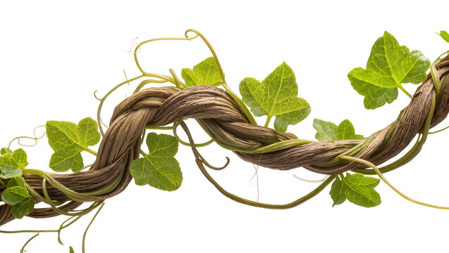 Thick twisted brown vine with green ivy leaves, isolated on transparent background