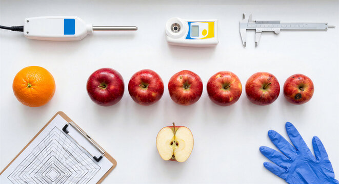 Apple quality inspection flatlay with refractometer, caliper and measurement tools