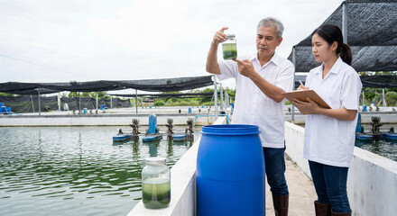 Plakat Scientists examining algae water sample at aquaculture fish farm
