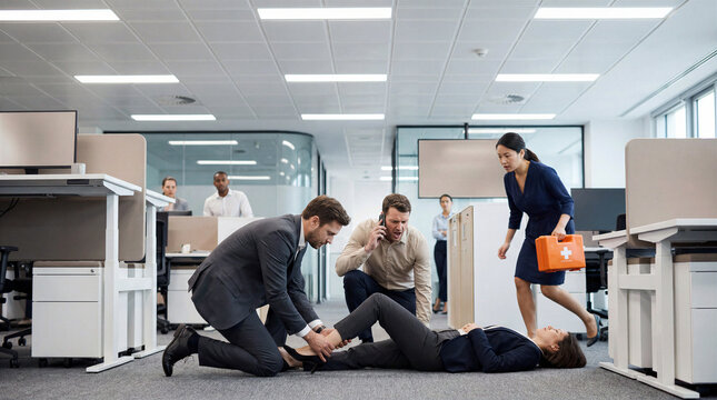 Colleagues responding to a medical emergency in a modern office