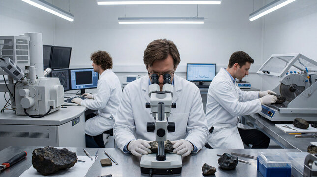 Scientists examining meteorite samples under microscope in research laboratory