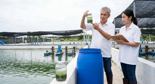 Scientists examining algae water sample at aquaculture fish farm